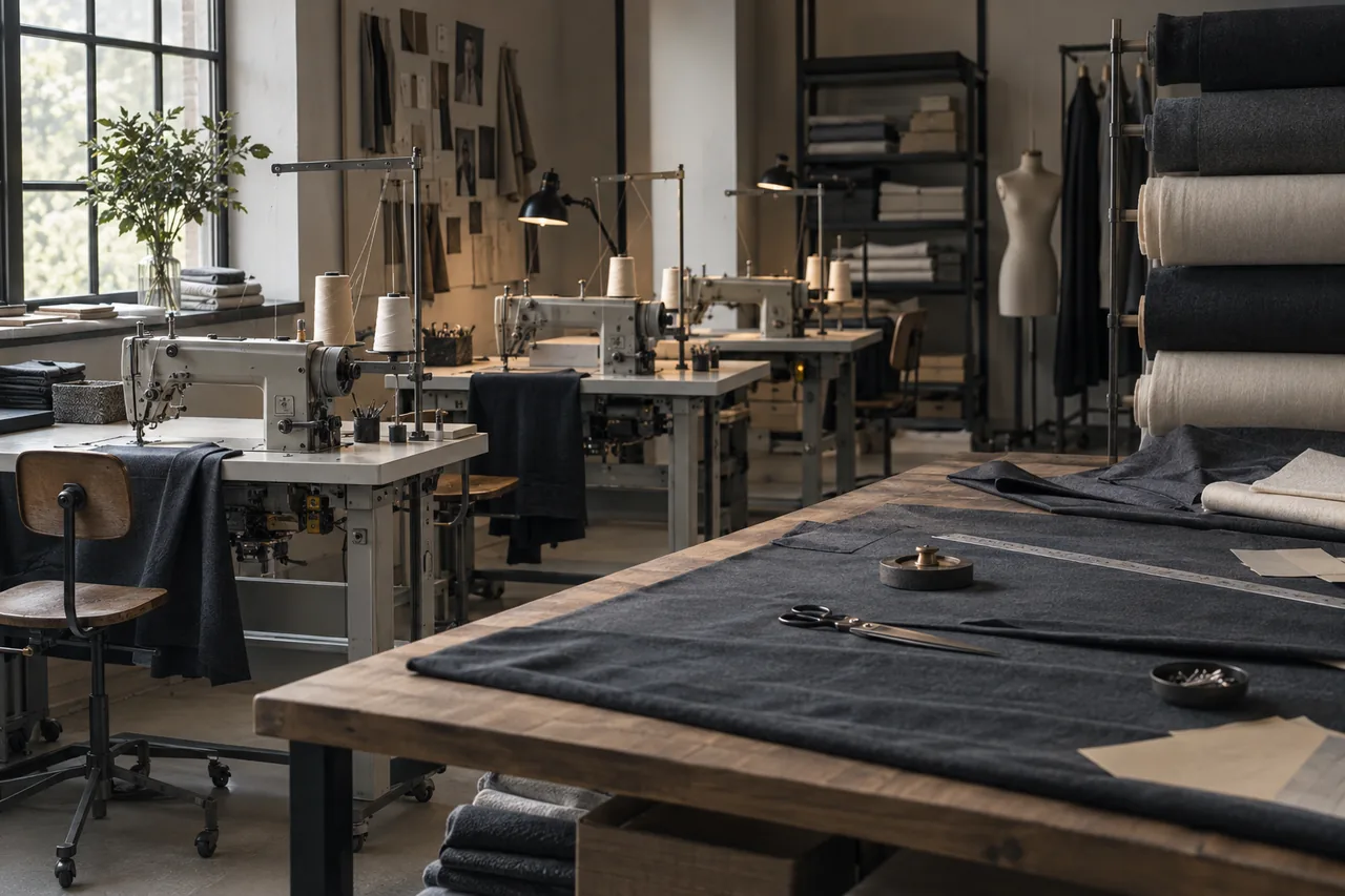 Apparel workshop with sewing stations, cutting tables and fabric rolls