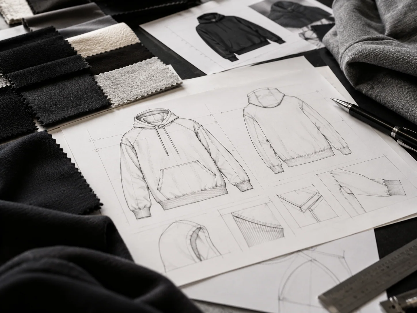 Sampling workspace with garment drawings and fabric swatches