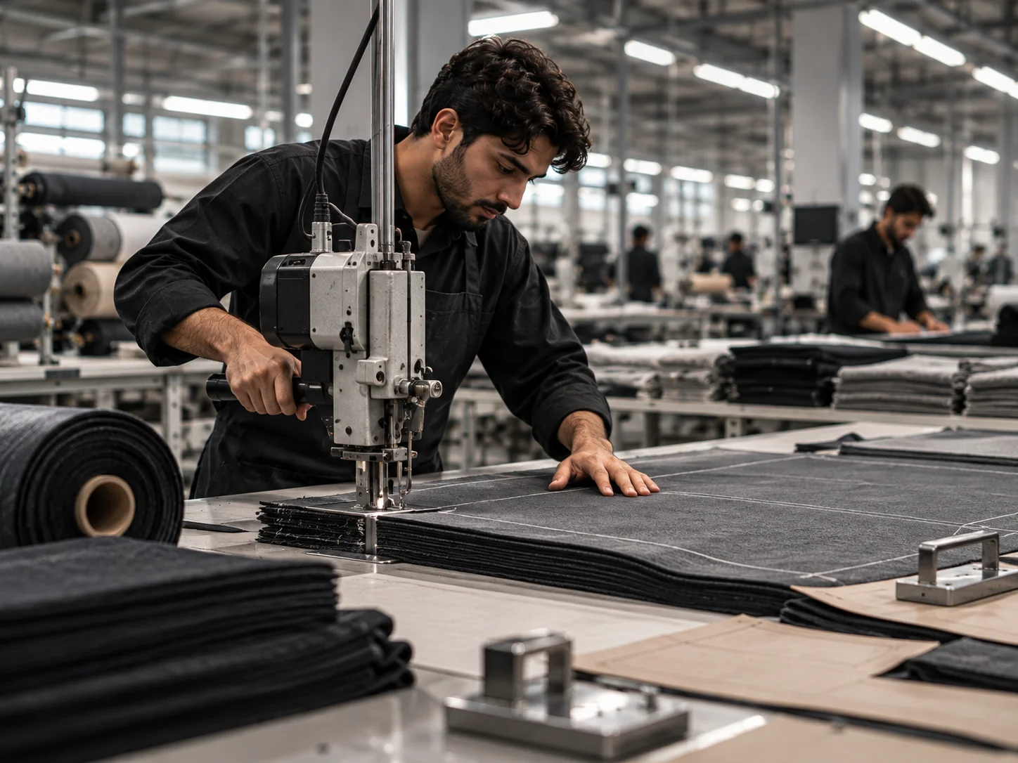 Cutting machine working on dark garment fabric