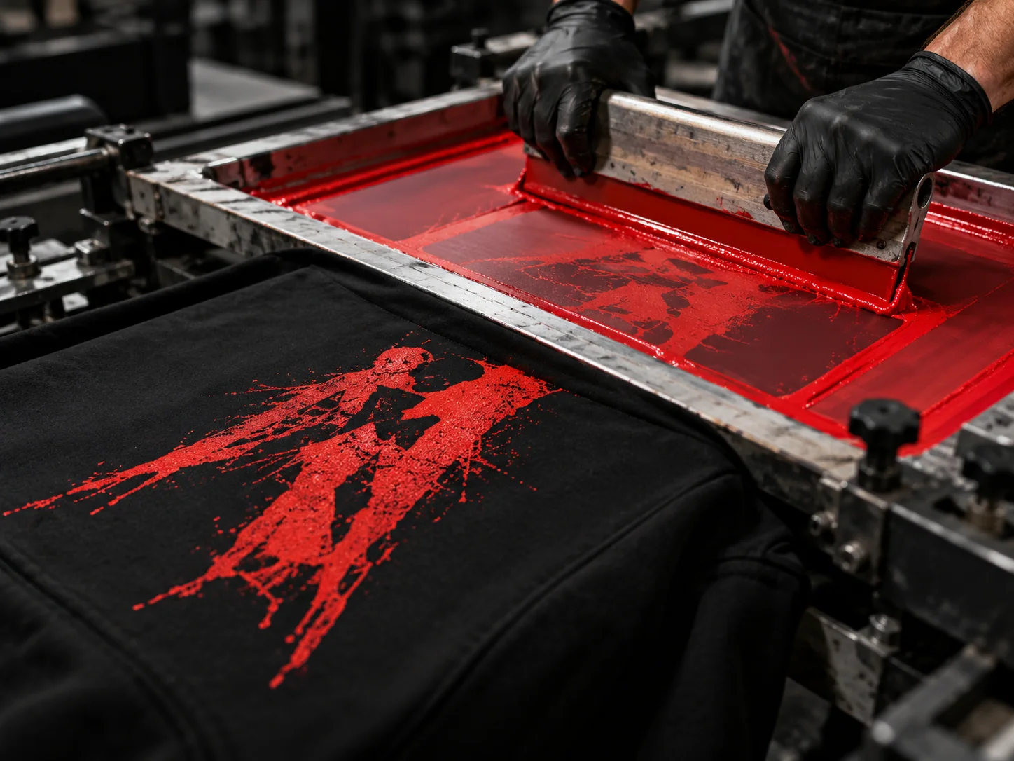 Screen printing in progress with red ink on dark fabric