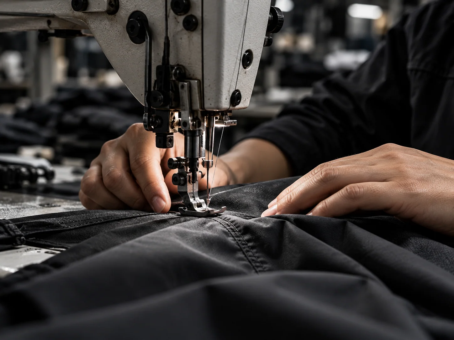 Industrial sewing machine stitching dark garment fabric