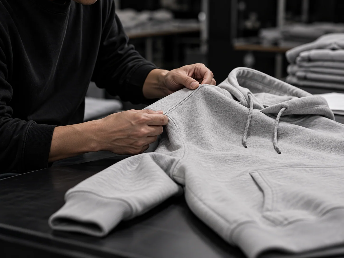 Hands checking garment construction for quality control