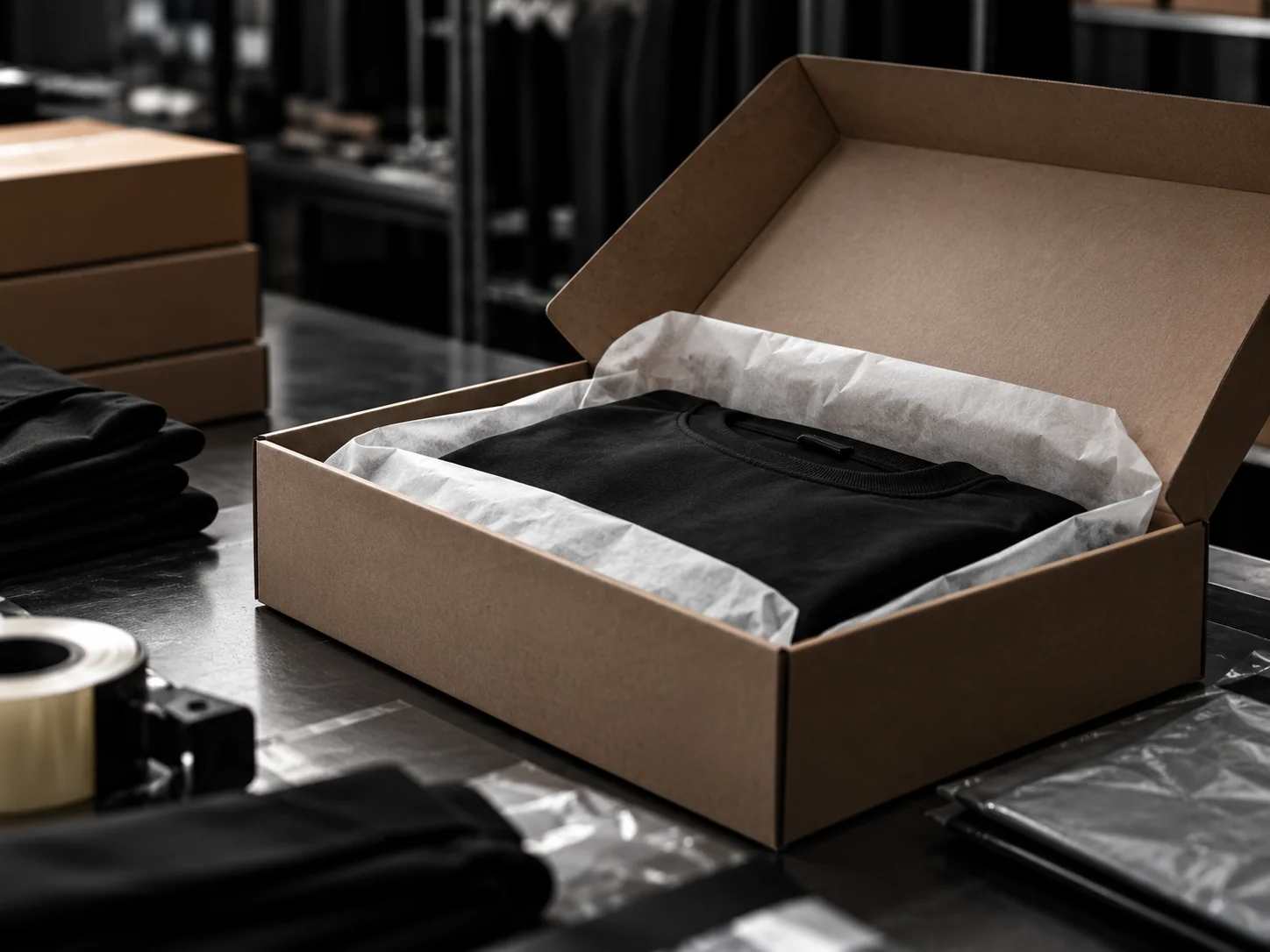 Finished garment packed inside a carton