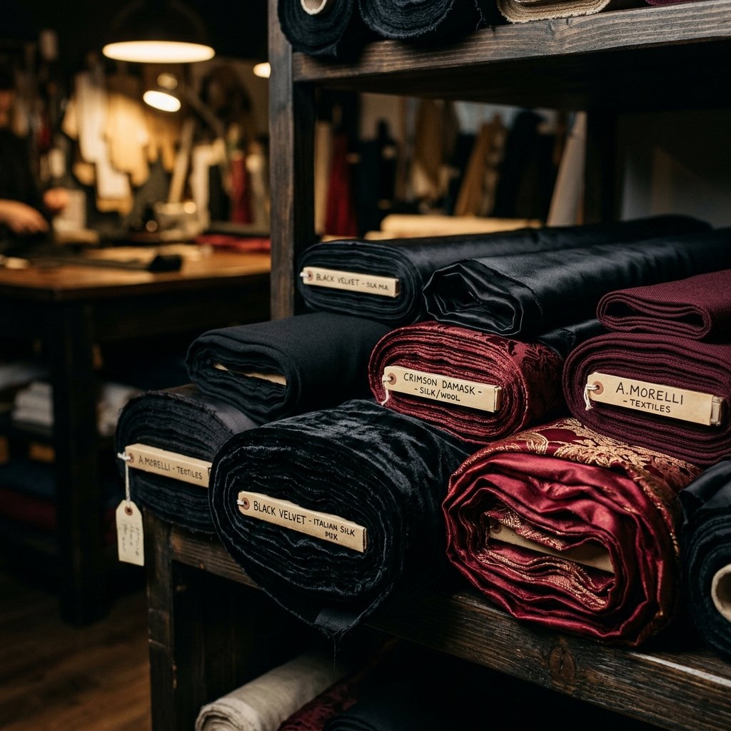 Luxurious close-up of premium fabric rolls in a fashion design studio