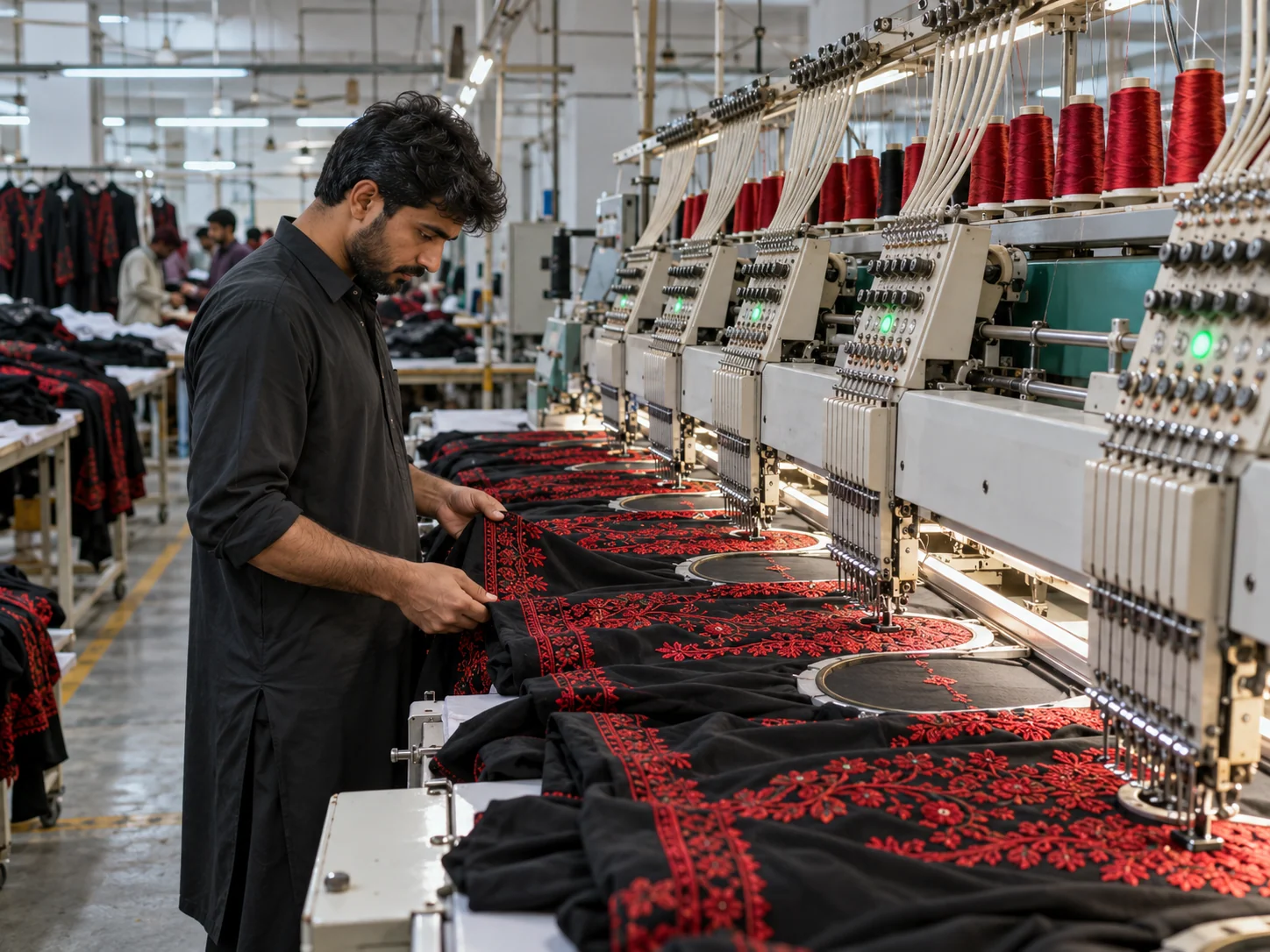 High-quality embroidery being stitched onto a premium garment