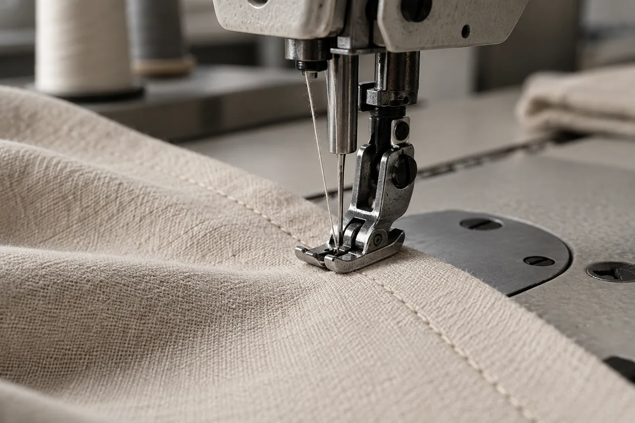 Industrial Production Facility in Sialkot, Pakistan showing precision sewing machines and fabric rolls